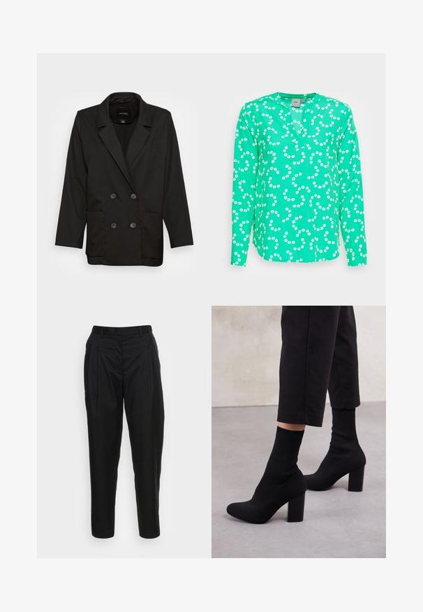 Monki Blejzer - black dark; ICHI IHBRUCE SH4 - Blúzka - holly green; Monki Nohavice - solid; Čierne členkové topánky na podpätku s rebrovanou ponožkovou časťou, hladkým povrchom, zaoblenou špičkou a blokovým podpätkom pre stabilitu.