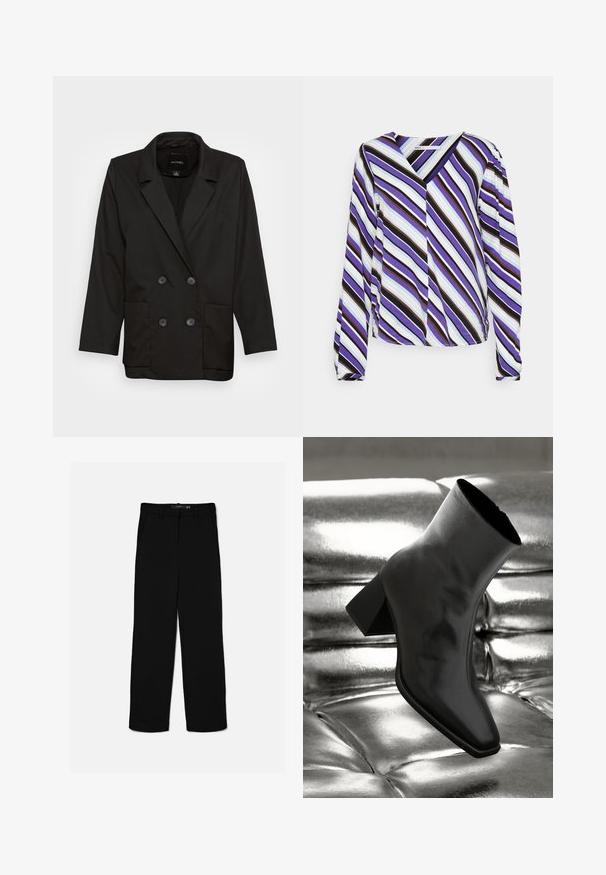 Monki Blejzer - black dark; ONLY Tall ONLALMA LIFE SELENA - Blúzka - paisley purple city stripe; Čierne nohavice s rovnými nohavicami, cvokmi na opasok, predným zipsom a bočnými vreckami, položené na svetlom pozadí.; Čierne členkové topánky vyrobené z lesklého materiálu so štvorcovou špičkou a zúženým podpätkom, na lesklom striebornom podklade s vystuženým vzorom.