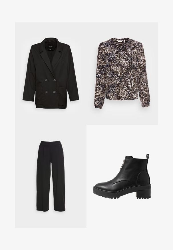Monki Blejzer - black dark; Dlhý rukáv blúzka z čierneho materiálu s rozptýleným bodkovaným vzorom v béžovej a svetlomodrej farbe. Má voľný strih a detaily s gombíkmi.; Čierne široké nohavice vyrobené z mäkkého materiálu, s vysokým elastickým pásom a diskrétnymi skladmi v prednej časti; bez viditeľného kovania alebo vzorov.; Čierna kožená členková topánka so bočným zipsom, masívnym čiernym podpätkom a textúrovanou podrážkou pre lepšiu trakciu. Hladký povrch s minimálnymi akcentmi.