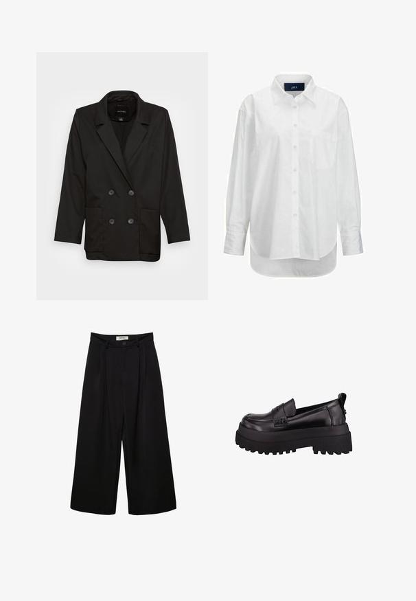 Monki Blazer - black dark; Chemise blanche à manches longues en coton doux avec un col boutonné, une poche à l'avant et un ourlet arrondi. Présente un empiècement au dos pour plus de structure.; Pantalon noir à jambes larges avec taille haute, présentant des plis à l'avant, deux poches latérales et une fermeture par bouton. Texture de tissu lisse.; Mocassins en cuir verni noir avec une semelle en caoutchouc épaisse et texturée, présentant un détail cousu à l'avant et une petite languette à l'arrière.