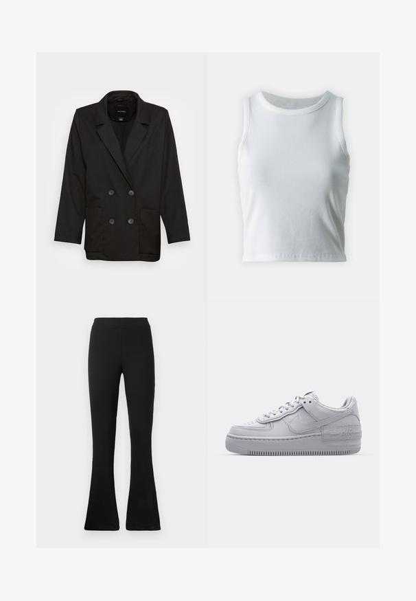 Monki Blejzer - black dark; Biely rebrovaný top bez rukávov s okrúhlym výstrihom, so strapatým lemom a hladkou, elastickou textúrou.; Čierne rebrované nohavice so širokým strihom a vysokým pásom. Mäkký, elastický materiál vytvára priliehavý siluetu a rozšírený spodok pre štýl a pohodlie.; Šedé tenisky Nike Air Force 1 s perforovanou špičkou, hladkým koženým zvrškom, hrubou podrážkou a embosovaným detailom 'AIR' na päte.
