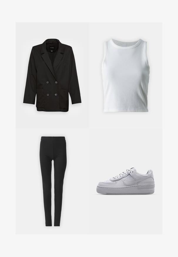 Monki Blejzer - black dark; Biely rebrovaný top bez rukávov s okrúhlym výstrihom, so strapatým lemom a hladkou, elastickou textúrou.; Čierne, elastické legíny s tesným strihom, so zvýšeným pásom a hladkým povrchom. Žiadne viditeľné vzory ani hardvérové detaily.; Šedé tenisky Nike Air Force 1 s perforovanou špičkou, hladkým koženým zvrškom, hrubou podrážkou a embosovaným detailom 'AIR' na päte.