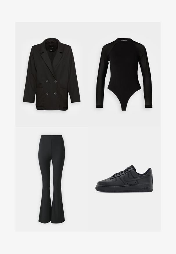 Monki Blejzer - black dark; Čierny dlhý rukáv body s vysokým golierom, s pevným látkovým trupom a priehľadnými sieťovinovými rukávmi, navrhnuté v priliehavom strihu.; Čierne rozšírené nohavice vyrobené z elastického materiálu. S vysokým pásom a hladkým, priliehavým strihom, ktorý sa rozširuje od kolena nadol.; Čierne kožené tenisky s perforovanou špičkou, plochými šnúrami a gumovou podrážkou. Obsahujú malé logo na boku a textúrované detaily.