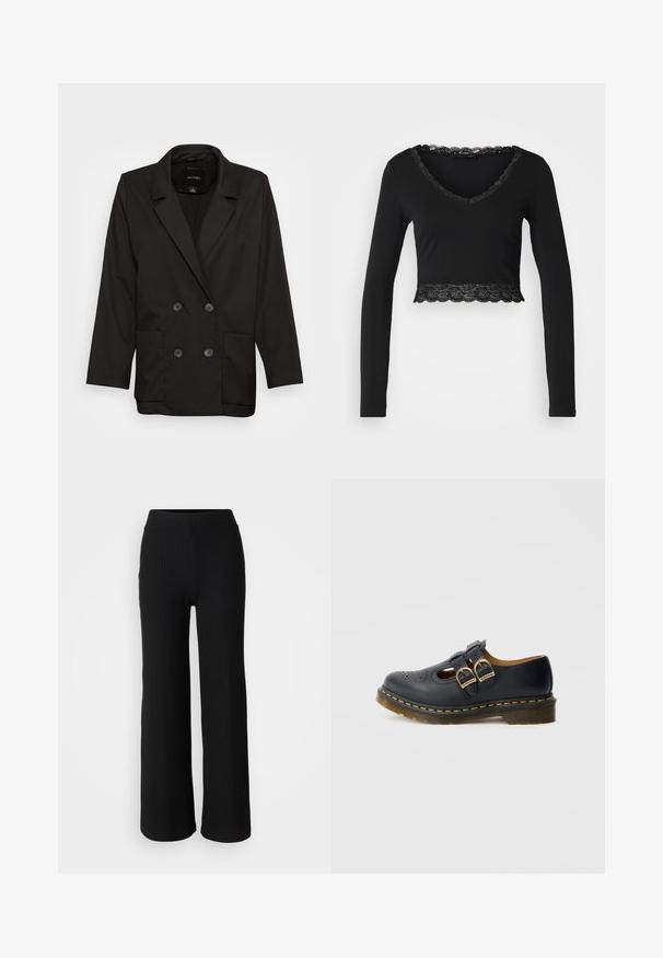 Monki Blazer - black dark; Crop top noir à manches longues avec un décolleté en V, présentant une bordure en dentelle festonnée autour du cou et à l'ourlet. Tissu doux et extensible.; Pantalons en maille côtelée noire avec une coupe évasée et une taille élastique, présentant une texture lisse et un style minimaliste.; Chaussure en cuir noire avec deux brides à boucles, présentant des détails perforés, un bout arrondi et un accent de couture jaune autour de la semelle.