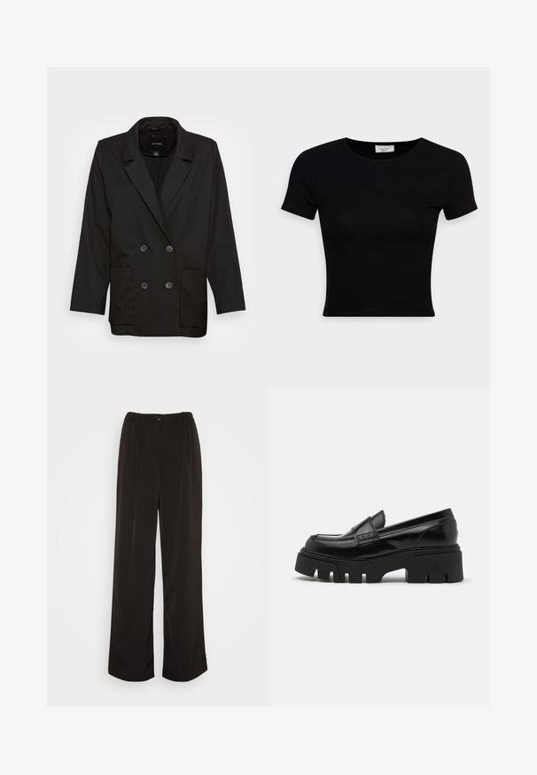 Monki Blejzer - black dark; Čierne tričko s krátkym rukávom vyrobené z hladkej bavlnenej tkaniny, s okrúhlym výstrihom a priliehavým strihom. Minimalistické, bez viditeľných vzorov.; Vero Moda Wide leg VMLUNADESI Mid waist - Nohavice - black; Čierne kožené loafers so robustnou štruktúrovanou platformovou podrážkou a ozdobným remienkom cez hornú časť. Hladký, lesklý povrch.
