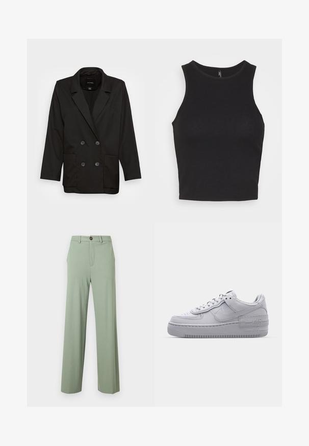 Monki Σακάκι - black dark; ONLY ONLMILLI - Μπλούζα - black; Ανοιχτό πράσινο παντελόνι με ίσια μπατζάκια, θηλιές για ζώνη, πλαϊνές τσέπες και κλείσιμο με κουμπί στη μέση.; Γκρι Nike Air Force 1 αθλητικό παπούτσι με πορώδη μύτη, λεία δερμάτινη επάνω επιφάνεια, χοντρή σόλα και ανάγλυφη λεπτομέρεια 'AIR' στην φτέρνα.