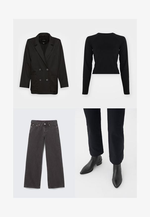 Monki Blejzer - black dark; Čierny dlhý rukáv cropped top s okrúhlym výstrihom a raglánovými rukávmi. Hladká textúra, minimalistický dizajn a bez viditeľných vzorov alebo hardvéru.; Čierne džínsové nohavice s širokými nohavicami, medenými nitmi, piatimi vreckami a zapínaním na gombík. Mäkká, pevná textúra s rovno strihaným spodným okrajom od pása až po lem.; Čierne kožené členkové čižmy s špicatou špičkou, blokovým podpätkom a textúrovanými bočnými panelmi, nosené s tmavými nohavicami na bielom pozadí.