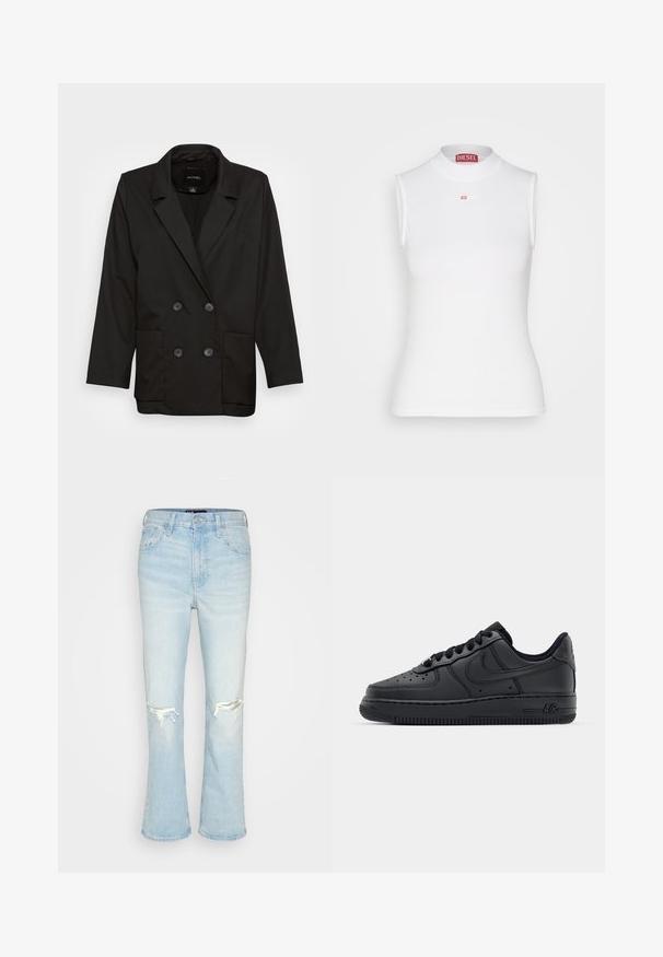 Monki Blejzer - black dark; Biela bezrukávová blúzka s vysokým rebrovaným golierom, s malým červeným logom Diesel na prednej strane. Vyrobená z priliehavého, elastického materiálu.; GAP STRAIGHT LYNN - Džínsy voľného strihu - light destroy; Čierne kožené tenisky s perforovanou špičkou, plochými šnúrami a gumovou podrážkou. Obsahujú malé logo na boku a textúrované detaily.