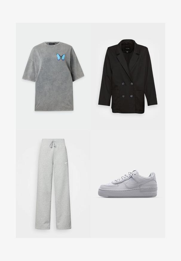 Monki Σακάκι - black dark; Γκρι oversized κοντομάνικη μπλούζα με στρογγυλή λαιμόκοψη και ένα μικρό μπλε πεταλούδα τυπωμένη στο αριστερό στήθος.; Γκρίζα φόρμα με ελαστική μέση, λεπτομέρεια με κορδόνι και μικρό λευκό λογότυπο Nike στο αριστερό μηρό. Μαλακό ύφασμα, χαλαρή εφαρμογή.; Γκρι Nike Air Force 1 αθλητικό παπούτσι με πορώδη μύτη, λεία δερμάτινη επάνω επιφάνεια, χοντρή σόλα και ανάγλυφη λεπτομέρεια 'AIR' στην φτέρνα.