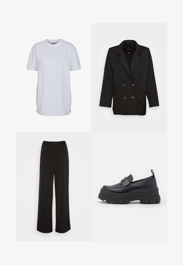 Monki Blazer - black dark; T-shirt blanc uni à manches courtes avec col rond, ourlet droit et petite étiquette de marque visible à l'intérieur du col.; Vero Moda Wide leg VMLUNADESI Mid waist - Pantalon classique - black; Mocassin en cuir noir avec semelle épaisse rainurée, couture moc toe, détail de sangle sur le dessus et languette au talon, présenté de profil.