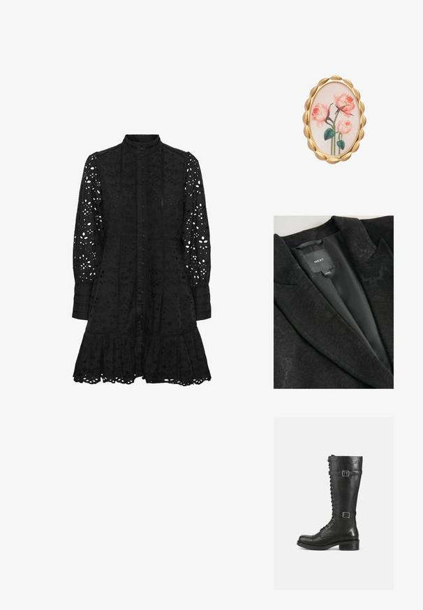 Blazer negro con un patrón floral texturizado, que presenta un forro interior de satén, solapas con muescas y una etiqueta de marca cosida.; Vestido negro bordado con cuello alto, cierre de botones en la parte frontal, mangas largas y un dobladillo con volantes. Presenta patrones florales y geométricos recortados.; Botas altas de cuero negro con cordones en la parte delantera, hebillas en los laterales, textura suave, punta redondeada y un tacón bajo resistente.; Broche ovalada con un borde acanalado en tonalidad dorada, que presenta un diseño floral de rosas rosas sobre un fondo claro. Textura suave y gráficos detallados.