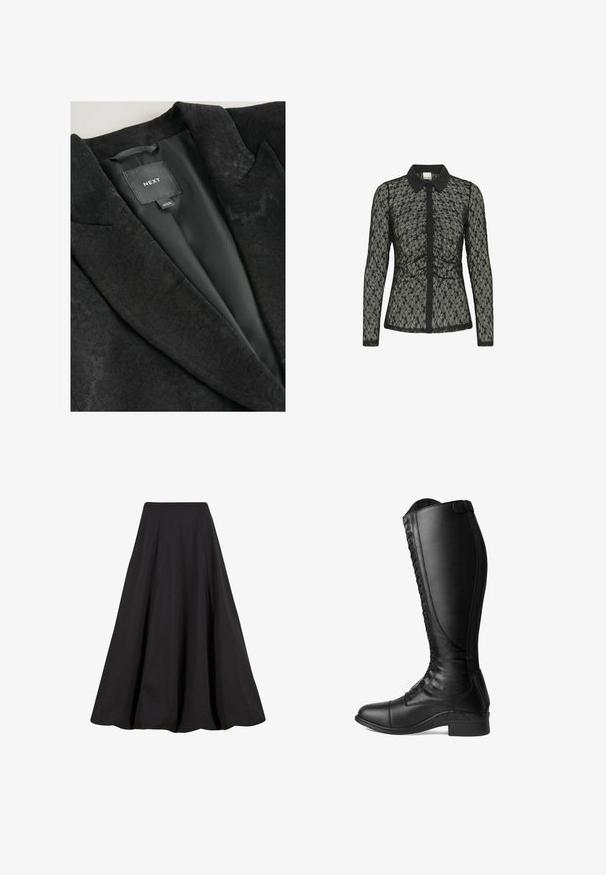 Zwarte blazer met een gestructureerd bloemenpatroon, voorzien van een satijnen binnenvoering, notch-lapels en een ingenaaide merklabel.; Zwarte kanten blouse met lange mouwen, een kraaglijn en een knoopsluiting. Kenmerkt zich door ingewikkelde bloemmotieven en een getailleerde pasvorm.; Zwarte maxi-rok van gladde stof, met plooien en een hoge taille. Het ontwerp biedt een vloeiende silhoeet en voldoende volume.; Zwarte leren rijlaarzen met een hoge schacht, veter sluiting aan de voorkant, een ronde neus en een lage hak. Glad textuur en slank ontwerp.