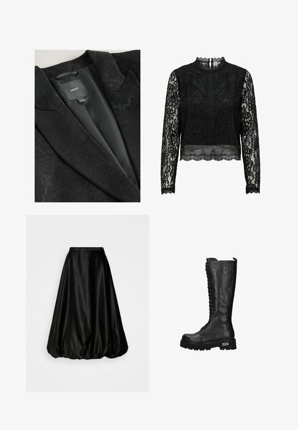 Zwarte blazer met een gestructureerd bloemenpatroon, voorzien van een satijnen binnenvoering, notch-lapels en een ingenaaide merklabel.; Zwarte kanten top met lange mouwen, featuring een hoge hals, intrieste bloemenpatronen, gegolfde zoom en een knoopsluiting aan de achterkant.; Zwarte satijnen midi rok met een volumineuze, ballonvorm. Gladde textuur en een aansluitende taille, ontworpen voor een vloeiende silhouet.; Zwarte leren kniehoge laarzen met een veterfront, een rits aan de zijkant, een robuuste zool met profiel en logodetail op de hak.