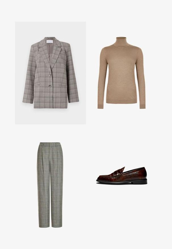 Blazer à carreaux gris avec un design structuré, des revers en pointe, une fermeture à double bouton et deux poches avant. Fabriqué en tissu texturé.; Pull beige col roulé ajusté à manches longues avec poignets et ourlet côtelés, présenté sur fond blanc.; Pantalons ajustés taille haute avec un motif écossais gris et noir, jambes larges et droites, passants de ceinture et plis avant.; Mocassins en cuir marron avec une texture crocodile, présentant un talon bas et un design à bout pointu. Coutures d'accent le long des bords.