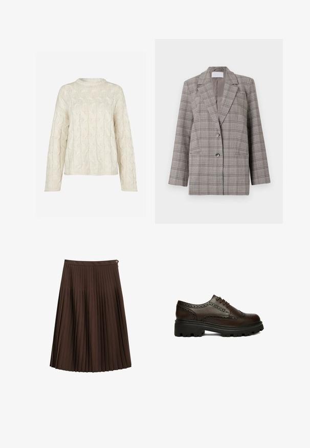 Blazer à carreaux gris avec un design structuré, des revers en pointe, une fermeture à double bouton et deux poches avant. Fabriqué en tissu texturé.; Envii FIONA - Pullover - beige; Jupe plissée marron foncé, longueur genou, avec une ceinture et un petit bouton en métal sur le côté, sur fond blanc.; Chaussure brogue en cuir marron foncé avec détails perforés et semelle épaisse en caoutchouc noire, vue de côté sur fond blanc.