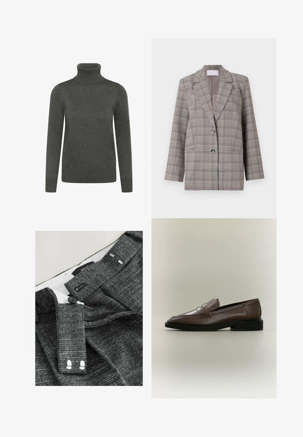 Sivý károvaný blazer so štruktúrovaným dizajnom, špicatými klopami, dvojitým zapínaním a dvoma prednými vreckami. Vyrobený z textúrovanej tkaniny.; Tmavošedý rolák vyrobený z pleteniny, s dlhými rukávmi, rebrovaným golierom a manžetami, s hladkou textúrou.; Sivé textúrované nohavice s gombíkovým zapínaním, zipsom a ďalšími háčikmi, so striebornými detailmi na páse a vnútornej podšívke.; Hnedá kožená slip-on mokasína s čiernou podrážkou a nízkym podpätkom, so detailom remienka cez hornú časť.