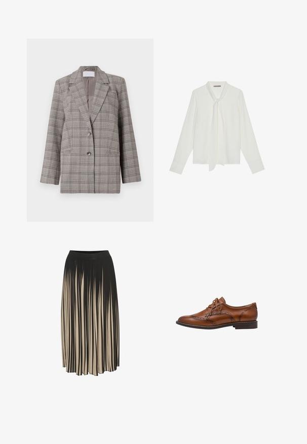 Grijze geblokte blazer met een gestructureerd ontwerp, pieklapels, dubbele knoopsluiting en twee voorzakken. Gemaakt van een textuurstof.; Witte blouse met lange mouwen van gladde stof, voorzien van een strik bij de hals en op maat gemaakte manchetten. Eenvoudig, klassiek ontwerp zonder patronen.; Plissé midi rok in zwart en beige met een hoge elastische tailleband, voorzien van verticale strepen en een vloeiende stijl voor beweging.; Bruine leren brogue oxford schoen met wingtip-details, perforaties, veters en lage gestapelde hak op een witte achtergrond.