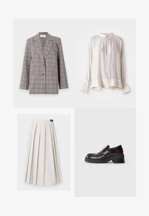 Blazer à carreaux gris avec un design structuré, des revers en pointe, une fermeture à double bouton et deux poches avant. Fabriqué en tissu texturé.; Blouse en soie blanche avec un col montant, un décolleté froncé et des manches longues avec des poignets évasés et un léger éclat.; Longue jupe blanche plissée avec une fermeture latérale à boucle, présentée à plat sur un fond blanc.; Mocassins en cuir marron avec un large talon noir, présentant un design cousu et une sangle traversant le dessus pour un détail supplémentaire.