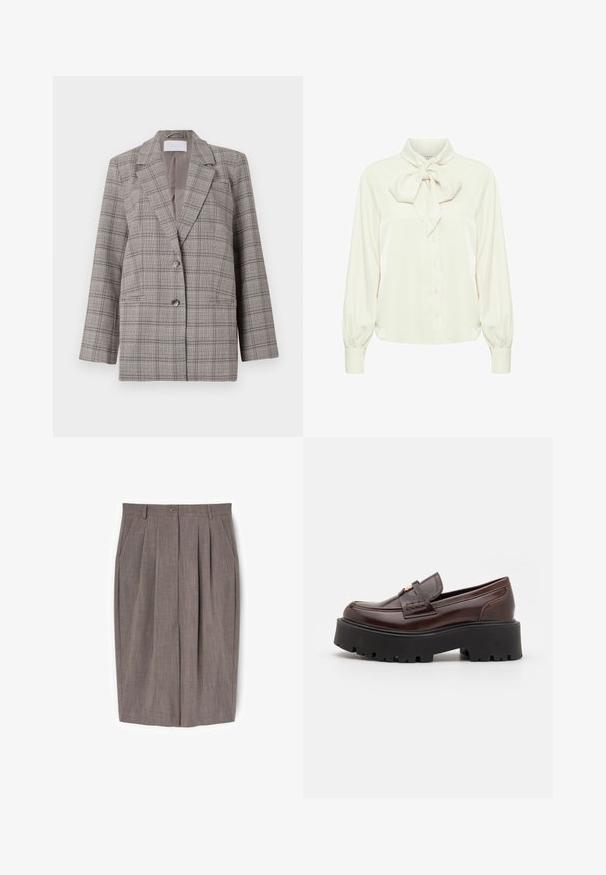 Grau karierter Blazer mit strukturiertem Design, Spitzrevers, doppelter Knopfverschluss und zwei Vordertaschen. Hergestellt aus strukturiertem Stoff.; Elfenbeinfarbige Bluse mit einer gebundenen Schleifenkragen, langen puffärmel und einer Knopfleiste. Sanfter, glatter Stoff mit leichtem Glanz.; Hoch taillierte, gerade geschnittene Hose in braunem Karomuster mit vorderen Falten, Seitentaschen, Gürtelschlaufen und einem Knopfverschluss am Bund.; Madden Girl CALISTA - Slipper - brown