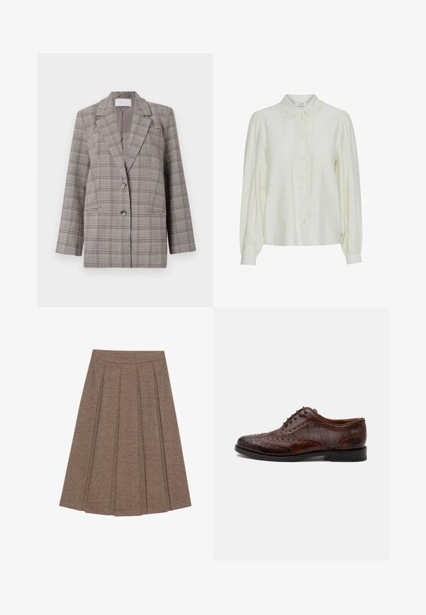 Blazer à carreaux gris avec un design structuré, des revers en pointe, une fermeture à double bouton et deux poches avant. Fabriqué en tissu texturé.; Blouse en crème avec un col à volants, fermeture à boutons sur le devant, manches bouffantes longues et un tissu doux et texturé. Design élégant et minimaliste.; Jupe plissée en tissu marron à motif en chevrons, dotée d'une taille ajustée et d'une silhouette évasée, offrant une texture et un design structurés.; Chaussure habillée homme à bout golf en cuir marron avec détails brogue et panneaux latéraux en tissu à carreaux, vue de côté sur fond blanc.