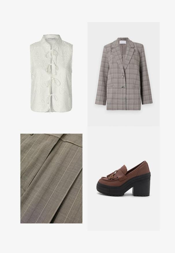 Sivý károvaný blazer so štruktúrovaným dizajnom, špicatými klopami, dvojitým zapínaním a dvoma prednými vreckami. Vyrobený z textúrovanej tkaniny.; Biela bezrukávová blúzka s kvetinovou výšivkou, okrúhlym výstrihom a viazaním vpredu. Volánový lem a detailné švy.; Detail béžovej látky s jemnou mriežkou a tenkými vertikálnymi bielymi pruhmi, ostrými skladmi a prešitým švom.; Hnedé platformové mokasíny s okrúhlym špičkou, s dekoratívnymi třásňami, prešívanými detailmi a hrubým čiernym gumovým podpätkom s textúrovanou podrážkou.