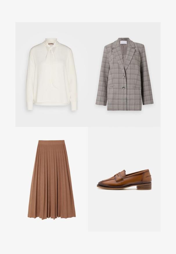 Sivý károvaný blazer so štruktúrovaným dizajnom, špicatými klopami, dvojitým zapínaním a dvoma prednými vreckami. Vyrobený z textúrovanej tkaniny.; Biela blúzka s dlhými rukávmi a viazaním okolo krku, s hladkým povrchom a voľným strihom. Jednoduchá a elegantná, bez ďalších vzorov.; Hnedá plisovaná midi sukňa s hladkým povrchom a širokým pásom, s rovnými vertikálnymi záhybmi pozdĺž dĺžky, vytvárajúcimi plynulý siluet.; Hnedé kožené poltopánky s textúrovanou tkanou prednou časťou, okrúhlou špičkou a nízkym zloženým opätkom. Hladký povrch s jemným prešívaním.
