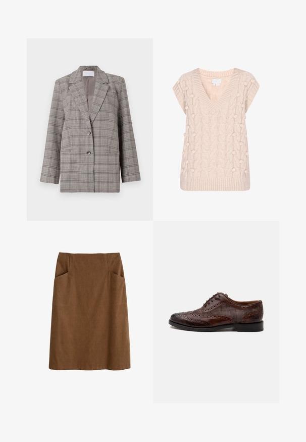 Grijze geblokte blazer met een gestructureerd ontwerp, pieklapels, dubbele knoopsluiting en twee voorzakken. Gemaakt van een textuurstof.; Gebreide mouwloze trui in crèmekleur met V-hals, kabelpatroon en verhoogde bobbeltjes aan de voorkant en zijkanten.; Bruine katoen rok met een aansluitende taille, twee zijzakken en een rechte snit. De stof heeft een zachte textuur en een subtiele glans.; Bruine leren herenschoen met vleugelstuk, brogue-details en geruite stoffen zijpanelen, zijaanzicht op een witte achtergrond.