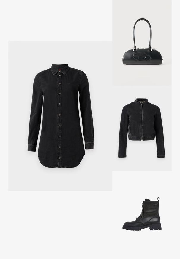 Zwarte spijkerjasje met een cropped ontwerp, opstaande kraag, ritssluiting aan de voorkant en knoopdetails. Soepele textuur en minimalistische stijl.; Zwart denim shirtjurk met lange mouwen, knoopsluiting aan de voorkant en een puntige kraag, licht gebogen zoom en gestikte manchetten.; Zwarte leren enkellaarzen met een stevige zool, rits aan de voorkant en decoratieve hardware. Voorzien van een reliëflogo en een gestructureerde bovenkant.; Zwarte leren handtas met lange dubbele handvatten en een reliëflogo in ovale vorm aan de voorkant, getoond tegen een effen lichte achtergrond.