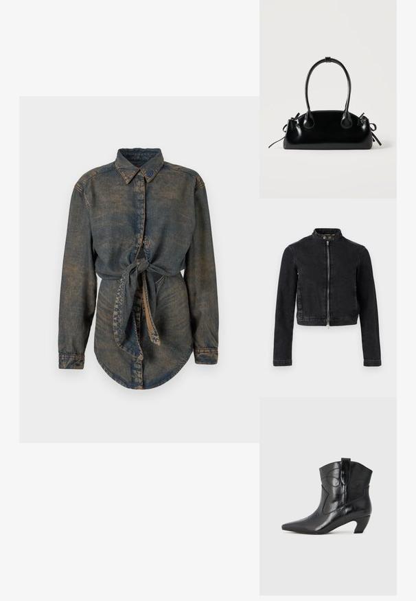 Chaqueta vaquera negra con diseño recortado, cuello alto, cremallera frontal y detalles de botones. Textura suave y estilo minimalista.; Camisa de mezclilla de color azul oscuro con un acabado ligeramente desvanecido. Presenta un cuello puntiagudo, cierre de botones y un detalle anudado en la cintura.; Botín negro de cuero hasta el tobillo con punta afilada, detalles de costura curva, tacón bajo y asa en la parte posterior, con un acabado brillante.; Pequeño bolso negro brillante con dos asas largas y detalles de cordón lateral sobre un fondo claro liso.