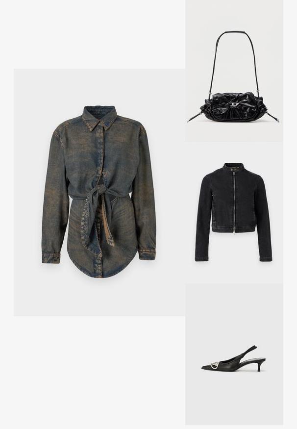 Sort denimjakke med cropped design, ståkrave, frontlynlås og knapdetaljer. Glat tekstur og minimalistisk stil.; Denimskjorte i mørkeblå med en let falmet finish. Har en spids krave, knaplukning og en knyttet detalje i taljen.; Sorte læderslipsko med spids tå, der har en sølvlogo detalje og en lille hæl. Glat tekstur og minimalistisk design.; Sort læderhåndtaske med et opsamlet design og sløjfedetalje foran. Har en kort hank og sølvfarvede hardware-accenter.