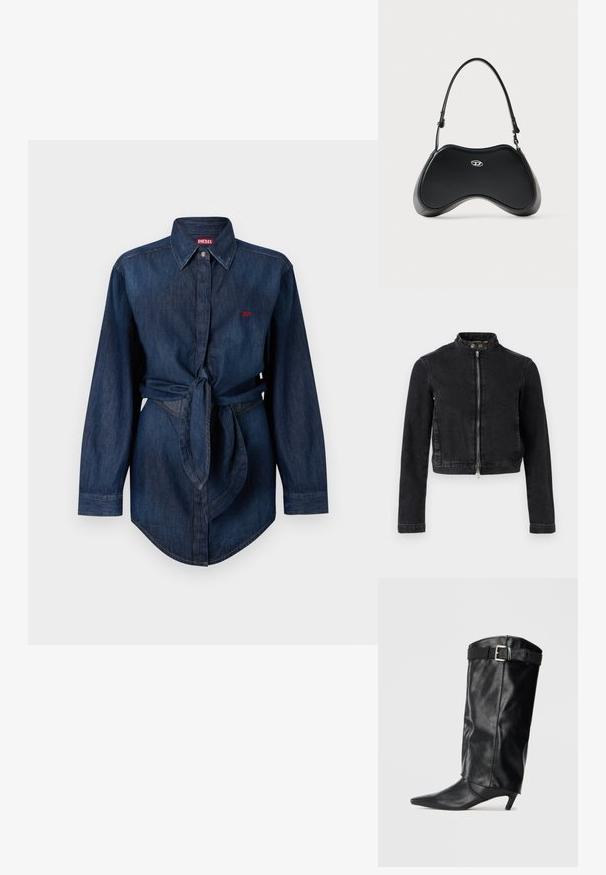 Veste en jean noire avec un design cropped, col montant, fermeture éclair à l'avant et détails à boutons. Texture lisse et style minimaliste.; Chemise en denim bleu foncé à manches longues avec col, fermeture à boutons sur le devant, ceinture à la taille et petit logo Diesel rouge sur la poitrine.; Botte noire en cuir, montante jusqu'au genou, avec un bout pointu et un petit talon. Présente une ceinture en haut avec une boucle en métal argenté. Texture lisse.; Sac à main en similicuir noir avec une forme incurvée unique, une poignée courte et un détail de logo argenté sur le devant. Texture lisse, design minimaliste.