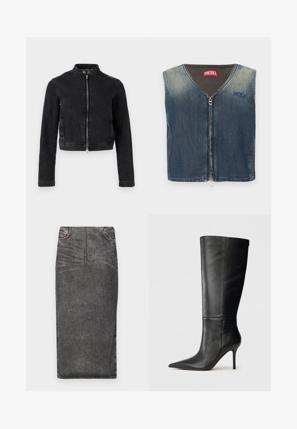 Schwarze Jeansjacke mit kurzem Schnitt, Stehkragen, Frontreißverschluss und Knopfdetails. Glatte Textur und minimalistisches Design.; Jeansweste mit V-Ausschnitt und Reißverschluss vorne, mit einem gerippten Texturmuster am Kragen und einem Logoaufnäher auf der linken Seite.; Grauer Denim-Midi-Rock mit vertikalen Nadelstreifen, hoher Taillenbund, Fünf-Taschen-Design und einem sauberen Saum.; Schwarze Lederstiefel bis zum Knie mit spitzem Zehenbereich und schlankem Stiletto-Absatz, glatte Textur, Seitenansicht auf neutralem Hintergrund.