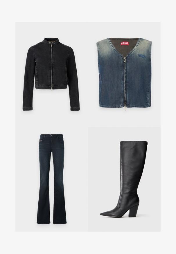 Zwarte spijkerjasje met een cropped ontwerp, opstaande kraag, ritssluiting aan de voorkant en knoopdetails. Soepele textuur en minimalistische stijl.; Spijkerjas zonder mouwen met V-hals en ritssluiting aan de voorkant, met een geribbelde textuur bij de kraag en een logo patch aan de linkerkant.; Geflarede jeans in donkere denim met een gladde textuur, vijf-pocket design en een knoopsluiting bij de tailleband. Bevat subtiele stikdetails.; Zwarte leren kniehoge laars met puntige neus en chunky hoge hak, getoond in zijaanzicht aan de linkerkant op een witte achtergrond.
