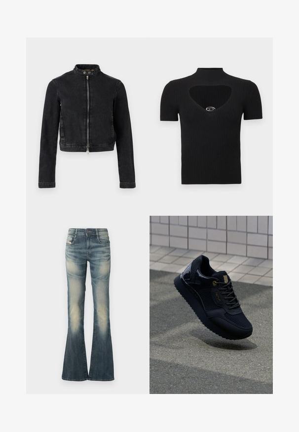 Veste en jean noire avec un design cropped, col montant, fermeture éclair à l'avant et détails à boutons. Texture lisse et style minimaliste.; Haut noir en maille côtelée avec un col montant et une découpe en forme de cœur. Comprend des manches courtes et un accent argenté au niveau du col.; Jean en denim évasé bleu délavé avec de légères usures. Dispose d'une fermeture à bouton à l'avant, de cinq poches et d'une taille mi-haute.; Baskets noires avec une tige en mesh, des accents brillants, des éléments en or, une semelle texturée et un col rembourré pour le confort.