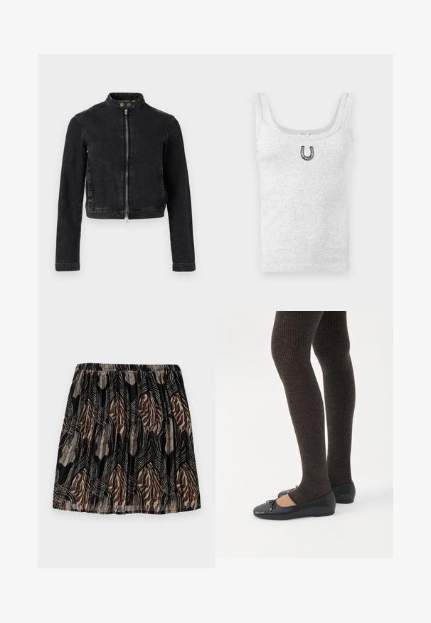 Sort denimjakke med cropped design, ståkrave, frontlynlås og knapdetaljer. Glat tekstur og minimalistisk stil.; Grå ærmeløs tanktop lavet af blødt bomuld, med en sort hestesko broderi i midten foran og en rund halsudskæring.; Sort nederdel med en samlet talje, prydet med et brunt og beige abstrakt mønster, akkompagneret af metalliske linjer og teksturer.; Ben iført mørke ribbede leggings kombineret med sorte balletsko med små sløjfedetaljer på hvid baggrund.