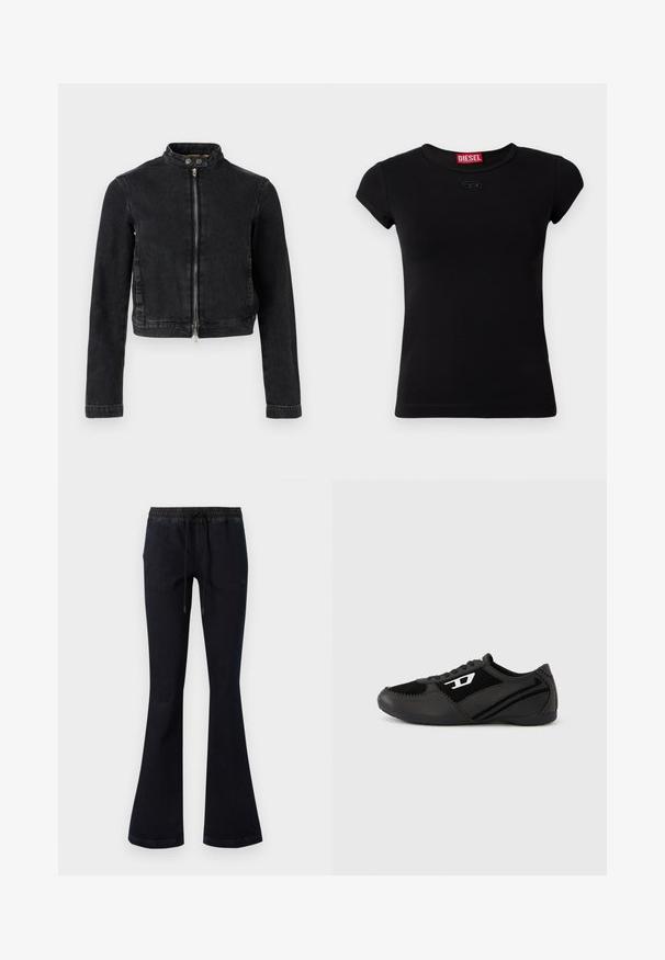 Veste en jean noire avec un design cropped, col montant, fermeture éclair à l'avant et détails à boutons. Texture lisse et style minimaliste.; T-shirt noir à manches courtes en coton. Il présente un col rond et un petit logo embossé à l'avant. Texture lisse.; Jean évasé bleu marine avec taille élastique et cordon de serrage noir, présenté sur un fond blanc uni.; Chaussures de sport noires avec tige en daim et synthétique, dotées d'un design texturé, d'un bout arrondi et d'une semelle plate. Accent logo argenté sur le côté.