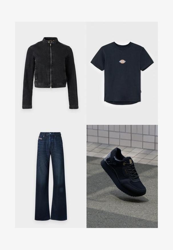 Sort denimjakke med cropped design, ståkrave, frontlynlås og knapdetaljer. Glat tekstur og minimalistisk stil.; Sort bomulds t-shirt med korte ærmer, rund hals og et lille flerfarvet logo på brystet. Lige kant med en let længere ryg.; Mørkeblå jeans med vide ben lavet af denim. Har knaplukning, design med fem lommer og subtil falming foran.; Sort sneakers med mesh-overdel, glinsende detaljer, guldfarvet hardware, tekstureret sål og polstret krave for komfort.