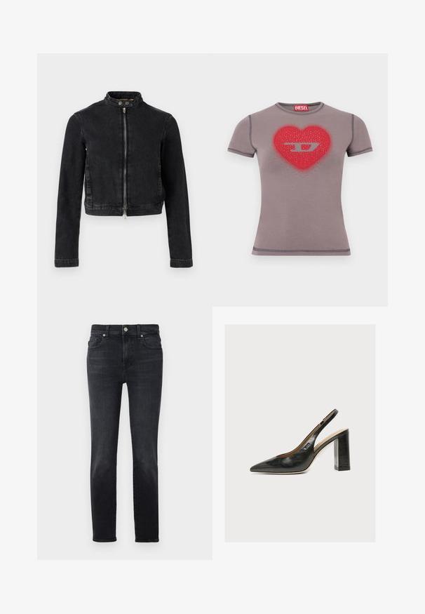 Sort denimjakke med cropped design, ståkrave, frontlynlås og knapdetaljer. Glat tekstur og minimalistisk stil.; Tilpasset grå T-shirt med korte ærmer, rød hjerte og sølv "D" logo dekoreret med små nitter på brystet.; Sorte denimjeans med lige ben, der har knaplukning, fem lomme-design og subtile sømdetaljer.; Sort læder kvindesko med slingback, spids tå og tyk blokhøj hæl på hvid baggrund.