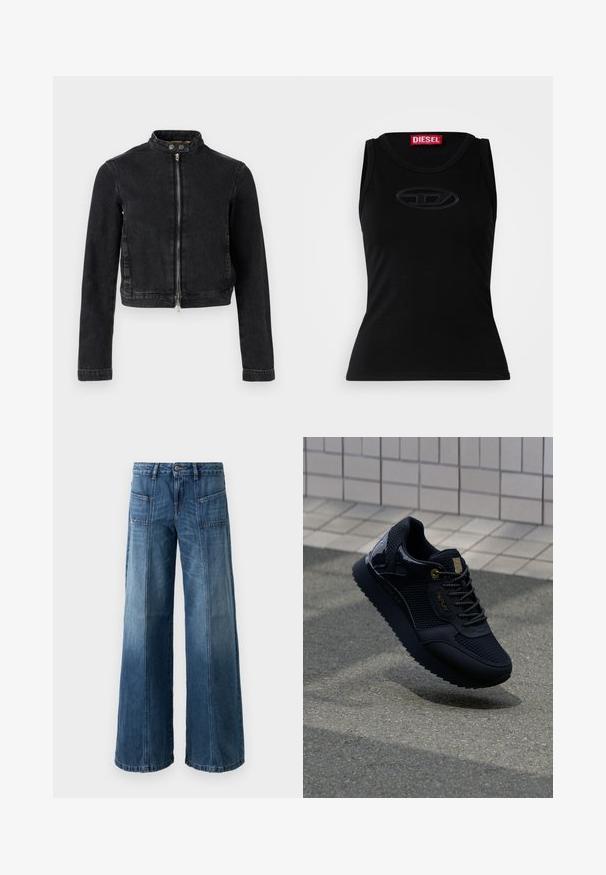 Veste en jean noire avec un design cropped, col montant, fermeture éclair à l'avant et détails à boutons. Texture lisse et style minimaliste.; Débardeur sans manches noir en coton doux, avec un logo en relief subtil au centre et une étiquette de marque rouge dans le col.; Jeans évasés en denim bleu délavé. Comprend cinq poches, une fermeture à bouton et à fermeture éclair, avec des coutures apparentes et une coupe décontractée.; Baskets noires avec une tige en mesh, des accents brillants, des éléments en or, une semelle texturée et un col rembourré pour le confort.