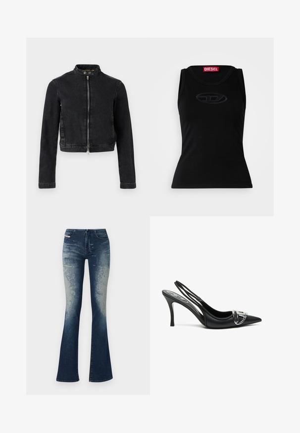 Schwarze Jeansjacke mit kurzem Schnitt, Stehkragen, Frontreißverschluss und Knopfdetails. Glatte Textur und minimalistisches Design.; Schwarzes ärmelloses Tanktop aus weicher Baumwolle, mit einem dezenten geprägten Logo in der Mitte und einem roten Markenetikett im Ausschnitt.; Ausgestellte Jeans aus Denim mit einer dunkelblauen Waschung und hellerem Verblassen, strukturierten Oberflächen und einem Reißverschluss. Fünf-Taschen-Design mit Markenlabel.; Schwarze Slingback-Pumps mit spitzem Vorderteil, ausgestattet mit einem glänzenden silbernen Schnallendetail und einem schlanken Absatz. Glattes Lederoberfläche, minimalistische Gestaltung.