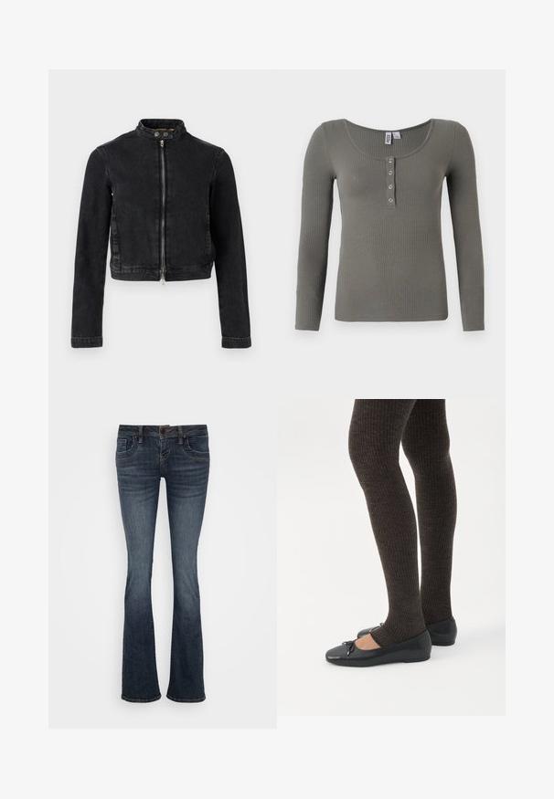 Sort denimjakke med cropped design, ståkrave, frontlynlås og knapdetaljer. Glat tekstur og minimalistisk stil.; Olivengrøn ribstrikket langærmet top med rund halsudskæring og fire sølvfarvede trykknapper på frontpladen.; Mørkeblå vide jeans med mellemhøj talje, fem lommer og subtile stikningsdetaljer. Fremstillet af denim med en glat tekstur.; Ben iført mørke ribbede leggings kombineret med sorte balletsko med små sløjfedetaljer på hvid baggrund.