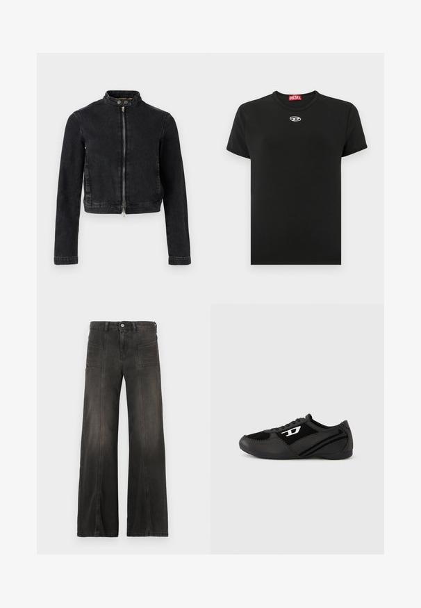 Sort denimjakke med cropped design, ståkrave, frontlynlås og knapdetaljer. Glat tekstur og minimalistisk stil.; Sort bomuld T-shirt med rund hals, korte ærmer og et lille hvidt Diesel-logo på brystet; glat tekstur, klassisk pasform.; Sort denim i brede ben med en falmet finish, med to forlommer og syede detaljer langs sømmene. Høj talje.; Sorte atletik sko med ruskind og syntetisk overdel, med et struktureret design, rundet tå og flad sål. Sølvfarvet logo på siden.