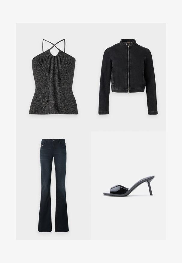 Sort denimjakke med cropped design, ståkrave, frontlynlås og knapdetaljer. Glat tekstur og minimalistisk stil.; Sort ærmeløs top med en nøglehul-udskæring, der har krydsede stropper og en ribbet tekstur, fremhævet med metallisk tråd for glans.; Flared jeans i mørk denim med en glat tekstur, fem-lomme design og en knaplukning i taljen. Har subtile syningsdetaljer.; Sorte laklæder sandaletter med åben tå, der har et buet overdesign og en spids stilethæl. Glat, blank finish.