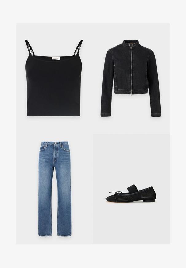 Zwarte spijkerjasje met een cropped ontwerp, opstaande kraag, ritssluiting aan de voorkant en knoopdetails. Soepele textuur en minimalistische stijl.; Zwarte geribbelde camisole met dunne bandjes met het Calvin Klein-logo. Eenvoudig, aansluitend ontwerp met een gladde textuur en geen extra patronen.; Blauwe denim jeans met een recht gesneden ontwerp, vijf zakken en riemlussen. De stof heeft een lichte vervaging en subtiele stiksels.; Zwarte platte schoen met een spitse neus, gemaakt van gestructureerde stof, met een strikaccent en een kleine, ronde hak. Elastische strap bij de enkel.