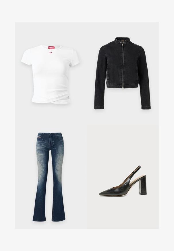 Veste en jean noire avec un design cropped, col montant, fermeture éclair à l'avant et détails à boutons. Texture lisse et style minimaliste.; T-shirt blanc à manches courtes en tissu côtelé, mettant en avant un petit logo rouge Diesel sur la poitrine et un détail torsadé près de l'ourlet.; Jean en denim évasé avec un bleu foncé délavé, surface texturée et fermeture éclair. Design à cinq poches avec étiquette de marque.; Chaussure slingback en cuir noir à bout pointu avec un talon bloc haut et une doublure intérieure beige sur un fond clair uni.