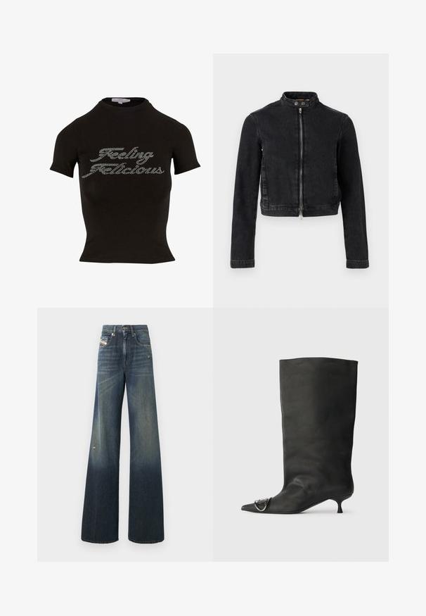 Zwarte spijkerjasje met een cropped ontwerp, opstaande kraag, ritssluiting aan de voorkant en knoopdetails. Soepele textuur en minimalistische stijl.; Zwarte T-shirt met korte mouwen en een hoge hals, met steentjes text die "Feeling Flicious" op de voorkant leest. Zacht materiaal.; Wijde spijkerbroeken in donkerblauw met een vervaagde afwerking, voorzien van een versleten knie en een klassiek ontwerp met vijf zakken en een label.; Zwarte leren enkelboot met een spitse neus, een kleine hak en metalen accentdetails op de neus. Gladde, matte textuur overal.