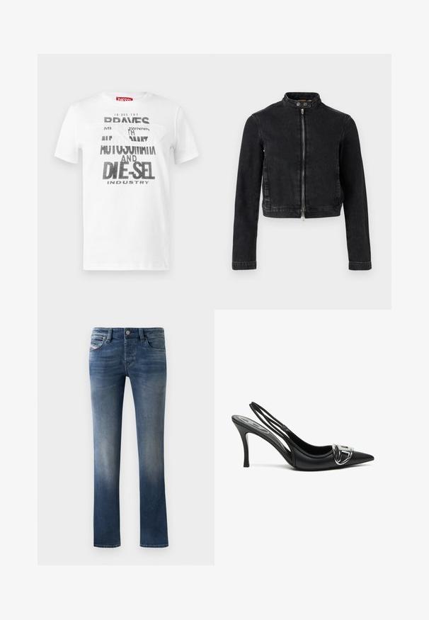 Veste en jean noire avec un design cropped, col montant, fermeture éclair à l'avant et détails à boutons. Texture lisse et style minimaliste.; T-shirt en coton blanc arborant un texte noir en gras avec les phrases "DIE-SEL" et "AUTOMAT". Coupe col rond et manches courtes. Texture lisse.; Jean en denim bleu foncé avec une coupe droite, présentant des détails de décoloration légère sur les cuisses et un style classique à cinq poches.; Talons hauts slingback noirs avec un embout pointu, présentant un détail de boucle en argent brillant et un talon fin. Texture en cuir lisse, design minimaliste.