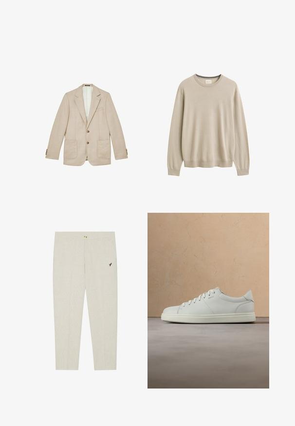 Blazer beige simple boutonnage avec revers crantés, deux poches plaquées à l'avant, une poche poitrine et deux boutons marron au centre.; Pull beige à manches longues avec col rond, poignets et ourlet côtelés, design uni, étiquette de marque à l'intérieur du col.; Pantalons ajustés beige clair avec une texture subtile, dotés d'une fermeture à bouton et d'un emblème sombre brodé près de la poche.; Baskets en cuir blanc avec une texture lisse, un bout rond et des lacets plats. Elles présentent un logo discret et une semelle légère.