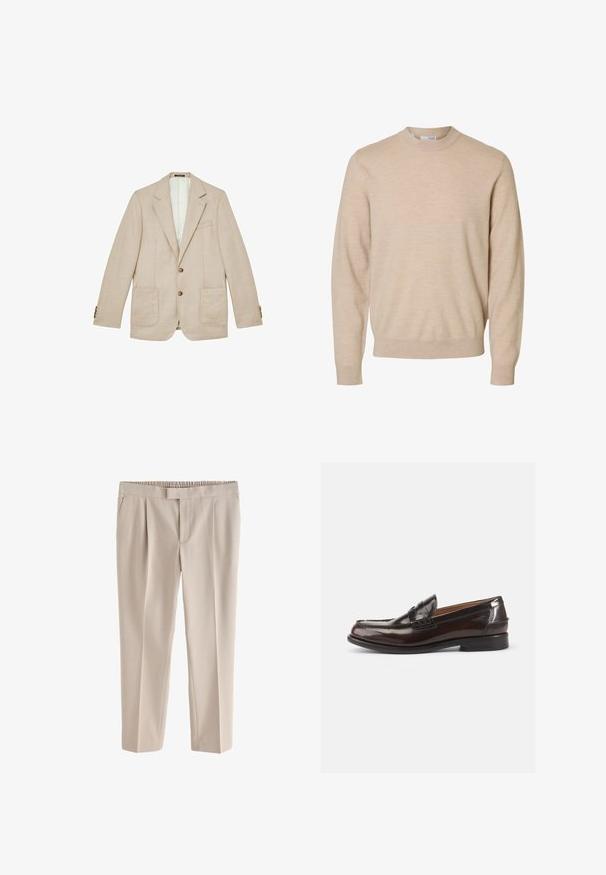 Blazer beige de un solo pecho con solapas con muesca, dos bolsillos delanteros de parche, bolsillo en el pecho y dos botones marrones en el centro.; Jersey beige de manga larga y cuello redondo, hecho de tela de punto suave, con puños y dobladillo acanalados, diseñado para hombres.; Pantalones beige de pierna recta con cinturilla elástica y plisados delanteros, diseñados para un ajuste cómodo.; Mocasines de cuero marrón con un acabado brillante, un diseño cosido en la punta y un tacón bajo. Detalle de marca en relieve en el lateral.