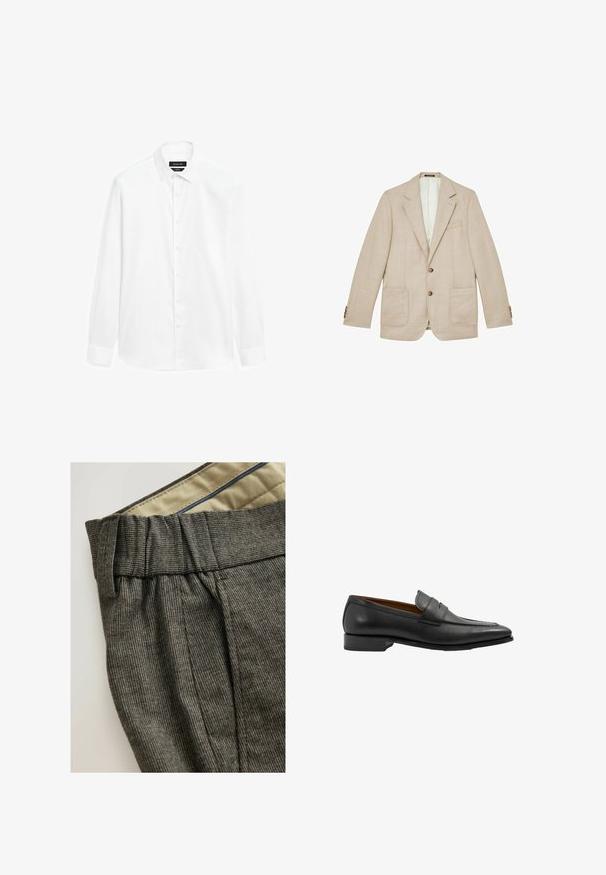 Beige enkeltbrystet blazer med hakrevers, to forlommer med klap, brystlomme og to brune knapper midt foran.; Hvid skjorte med button-down krave, lange ærmer og front knaplukning. Stoffet fremstår glat med en let glans.; Grå teksturerede bukser med plissert liv og kontrasterende indvendig for. Har subtile mønstre og et skræddersyet design.; Sort læder loafer med en strømlinet form, der har en syet tå og stikdetaile. Glat tekstur med en lav stabelhælt.